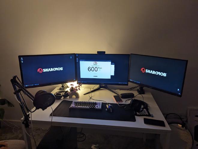 A picture of all three monitors powered up with a speed test showing 600Mbps.