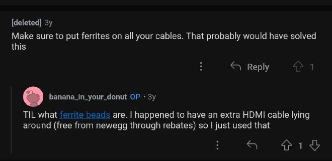 A screenshot from the Reddit thread talking about ferrite beads.